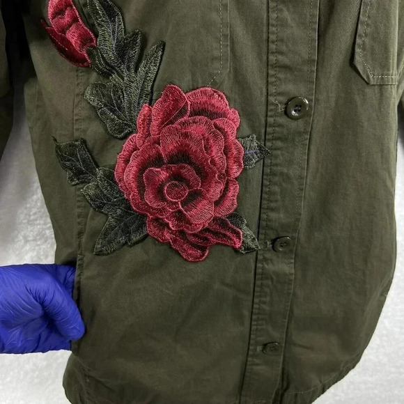 Active USA NWT Lg Hooded Utility Jacket Floral Patch Military Army Green Shacket - Picture 7 of 16